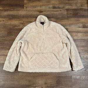 XL Ivory Beige Sherpa Quarter Zip Pullover Jacket Quilted Pocket Minimalist EUC